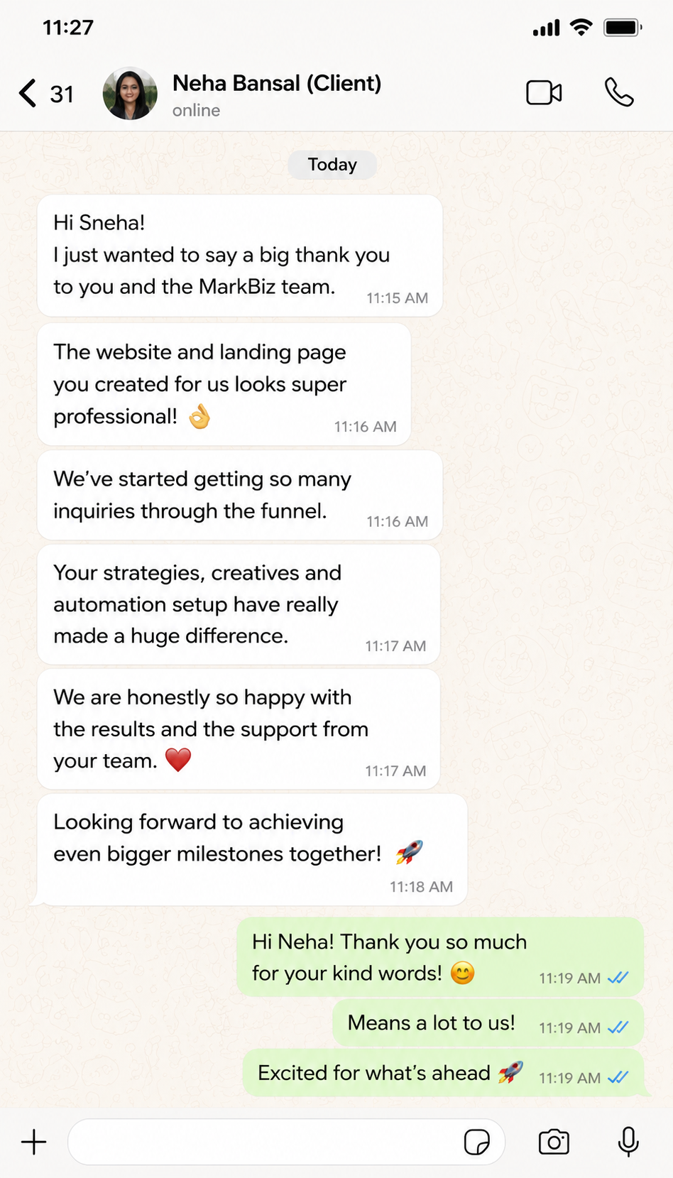 WhatsApp testimonial from Neha Bansal - website and landing page looks super professional, getting many inquiries