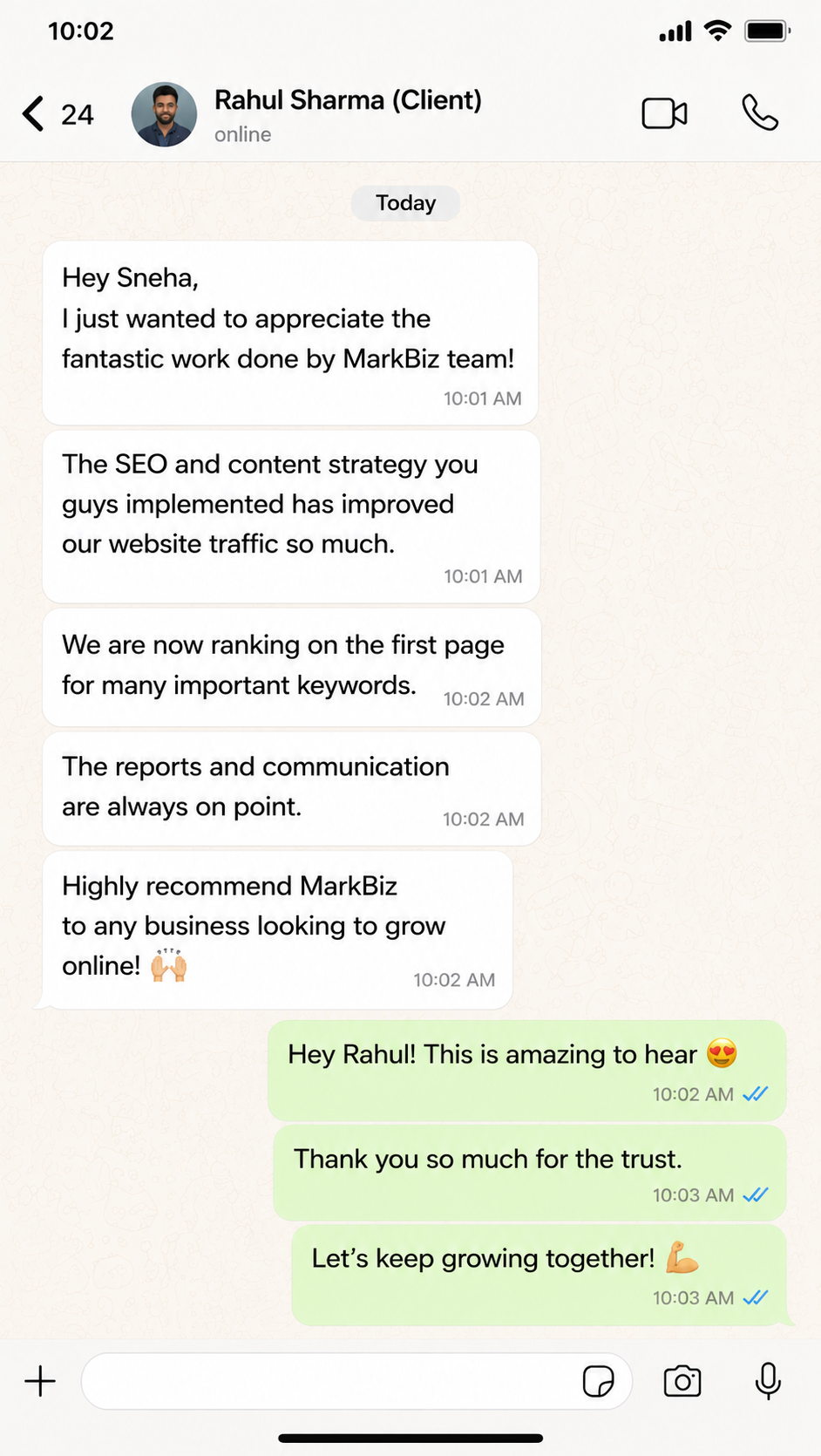 WhatsApp testimonial from Rahul Sharma - SEO improved website traffic, ranking on first page for important keywords
