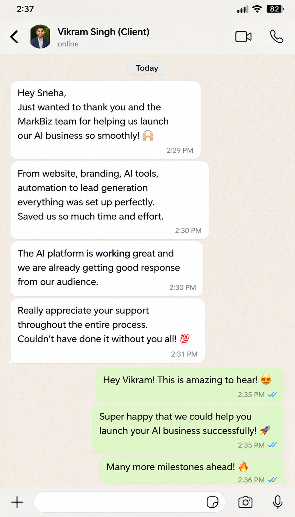 WhatsApp testimonial from Vikram Singh - AI business launched smoothly, getting good response from audience