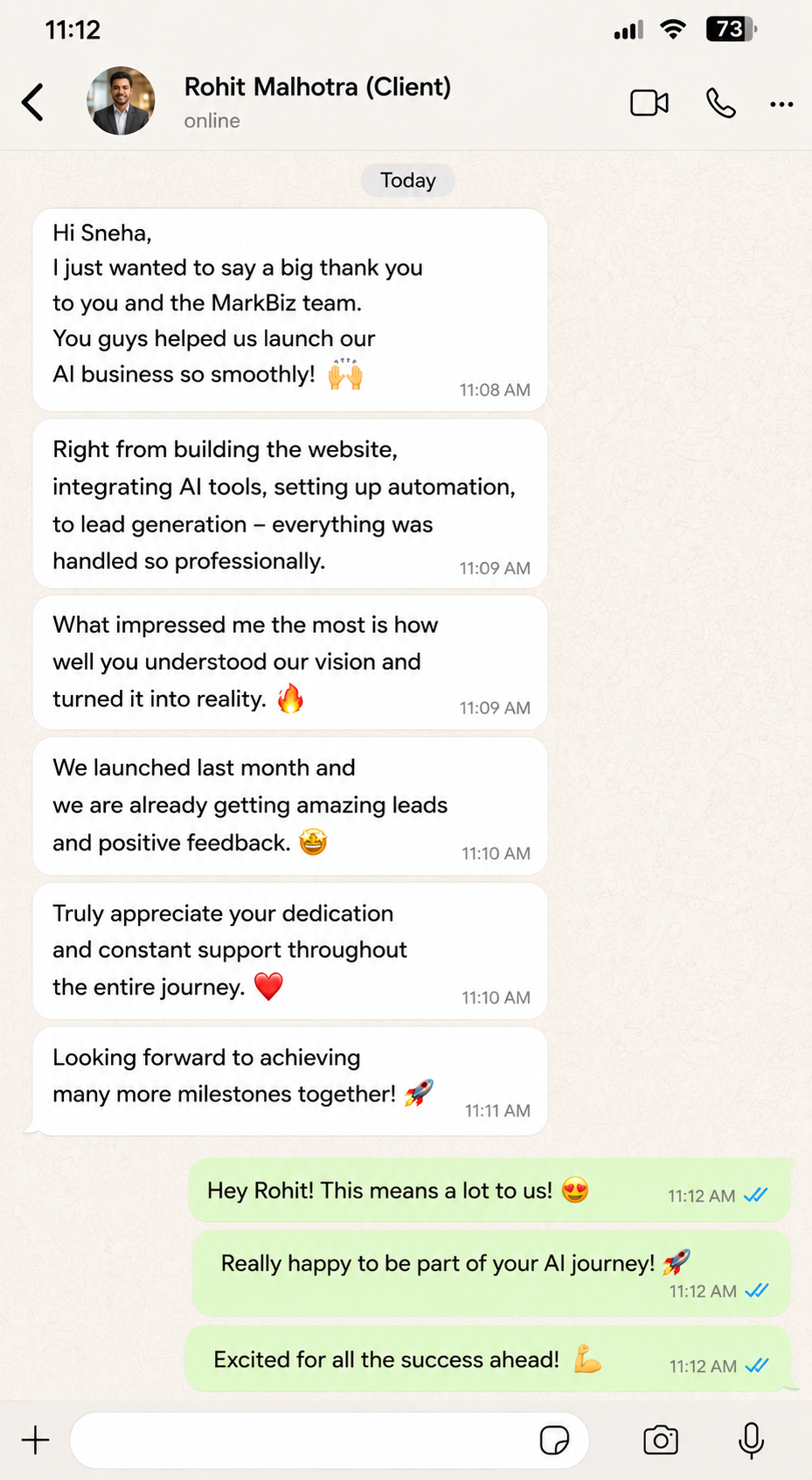 WhatsApp testimonial from Rohit Malhotra - launched AI business smoothly, getting amazing leads and positive feedback