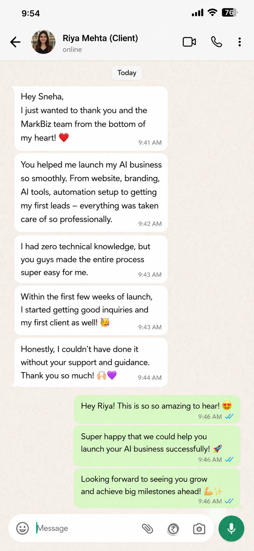 WhatsApp testimonial from Riya Mehta - zero technical knowledge, launched AI business, got first client within weeks